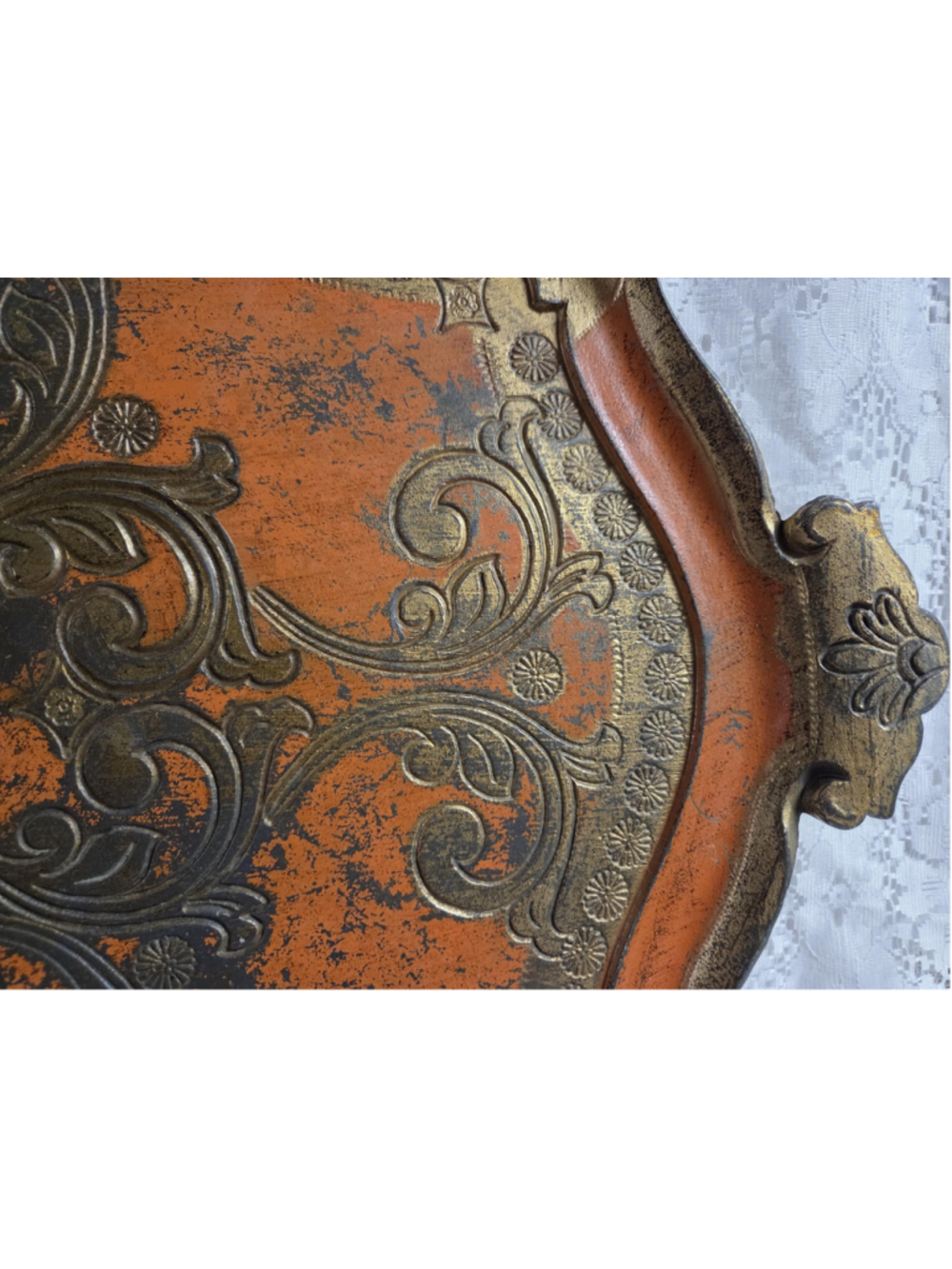 Vintage Italian Florentine Tray – Large Orange & Gold Baroque Serving Tray - Picture 5 of 9
